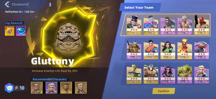 DC Worlds Collide Elseworld team selection interface