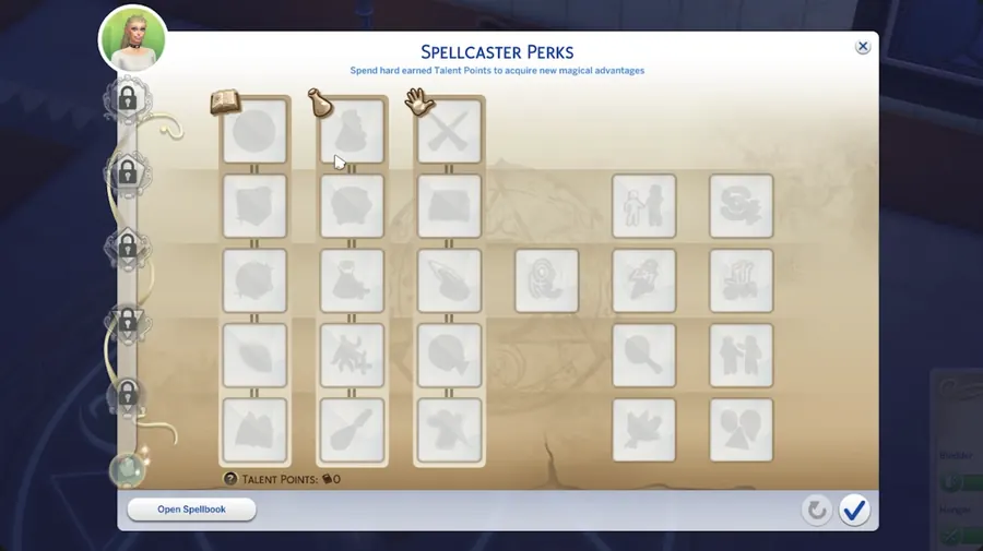 The Sims 4 Spellcaster Perks progression interface