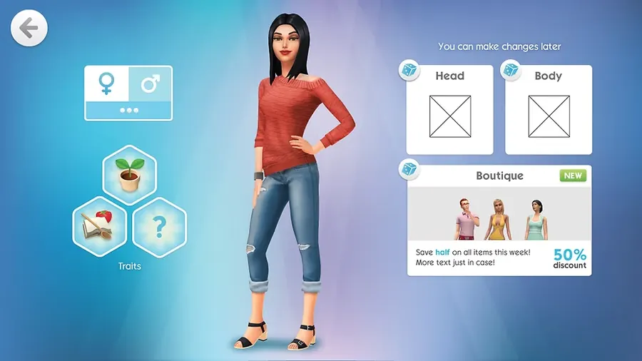 The Sims Mobile character creation first-time flow