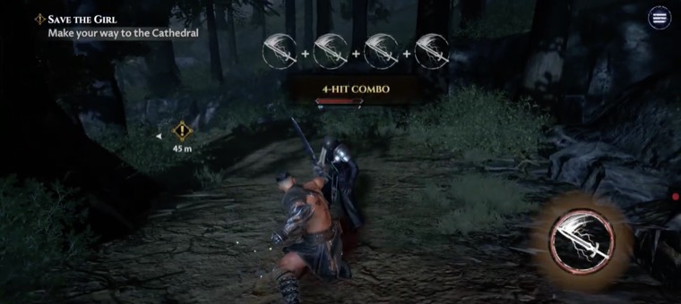 Combat tutorial illustrating a four-hit combo sequence