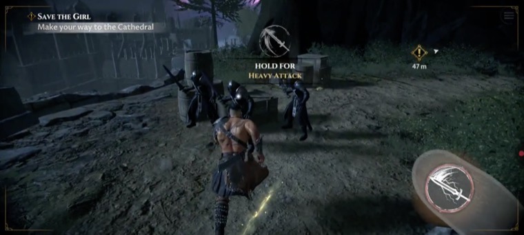 Combat tutorial prompting the player to hold for a heavy attack