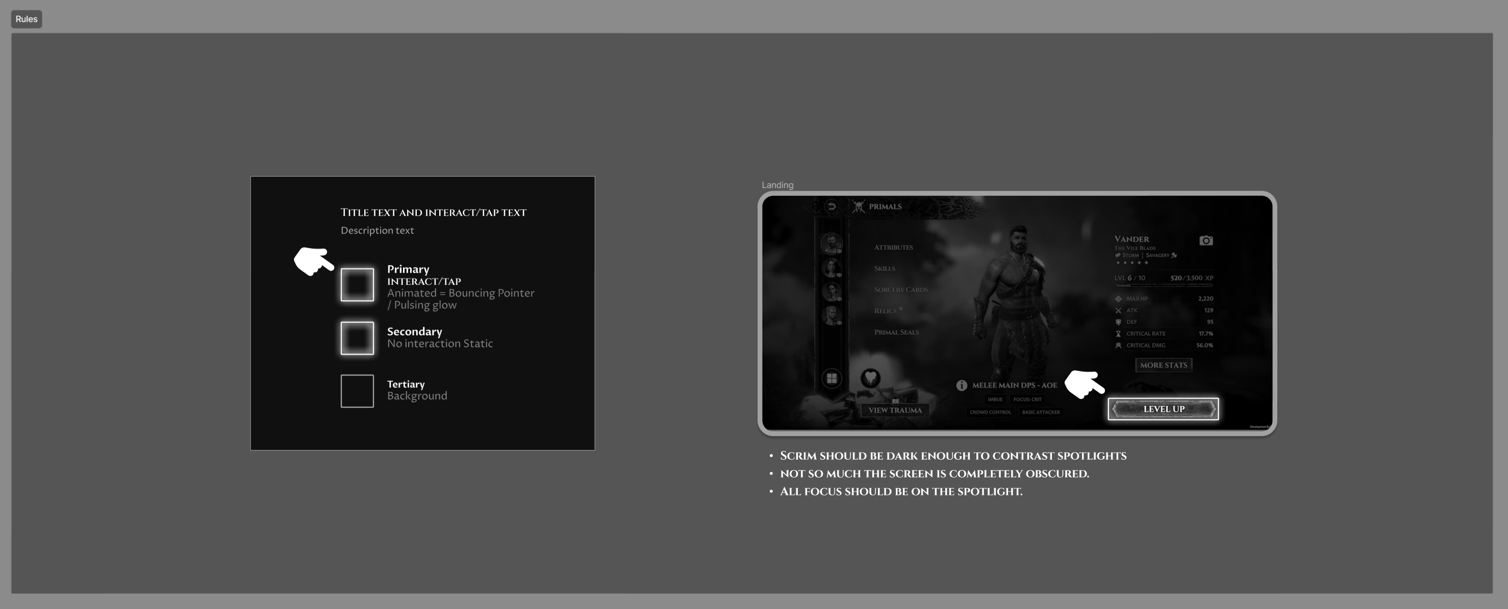 Spotlight tutorial rules showing primary, secondary, and tertiary interaction states